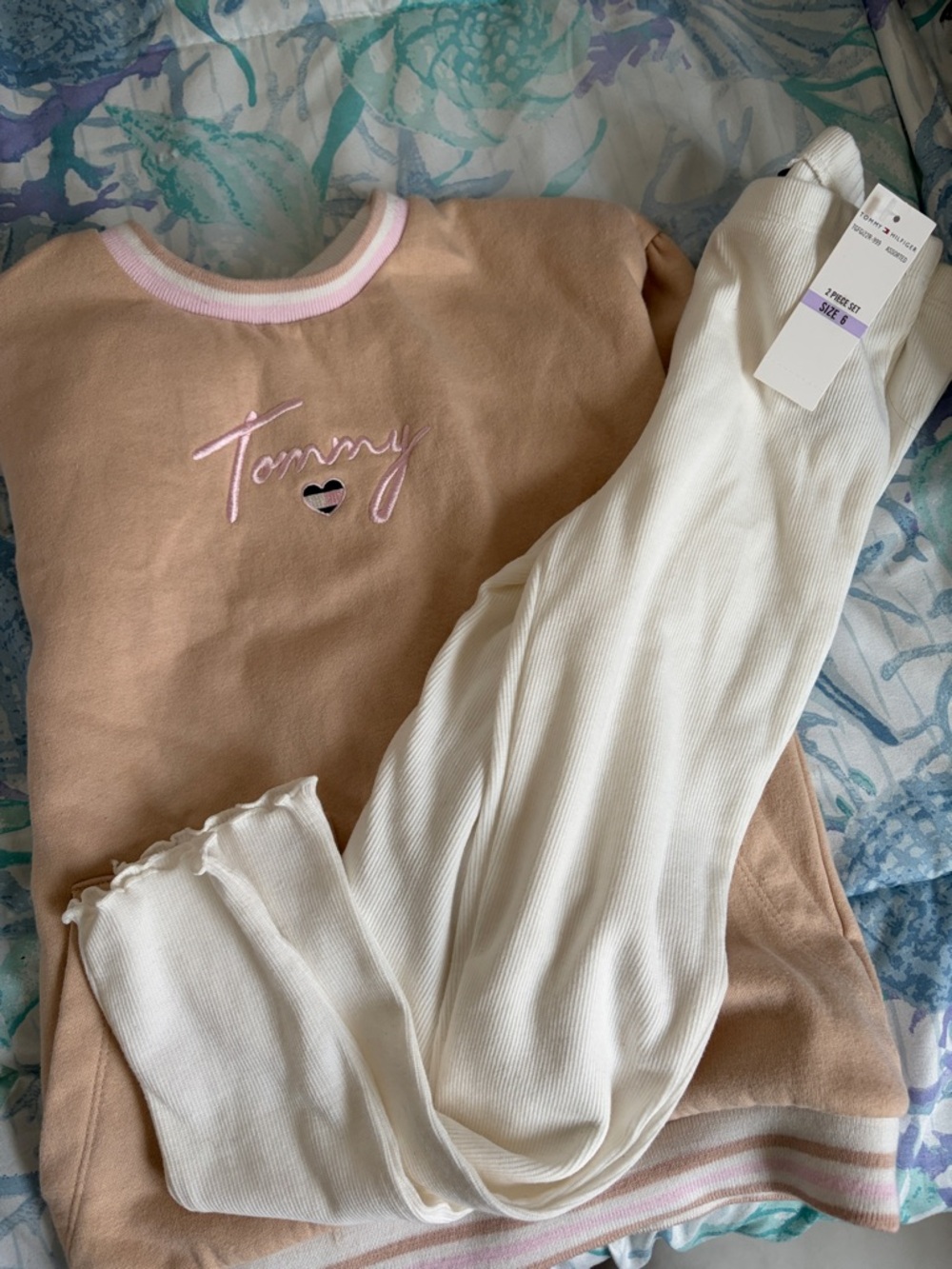 Tommy Hilfiger Beige Top with White Ribbed Pajama Pants